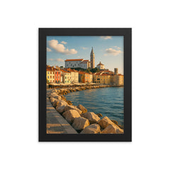 Piran Old Town Seafront Slovenia framed print on a plain backdrop in size 8"x10".