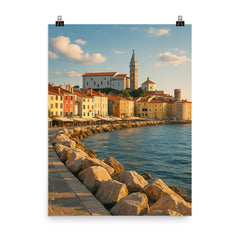 Piran Old Town Seafront Slovenia poster on a plain backdrop in size 8"x10".