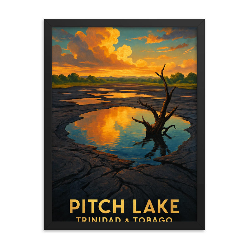 Pitch Lake Trinidad and Tobago framed print on a plain backdrop in size 18
