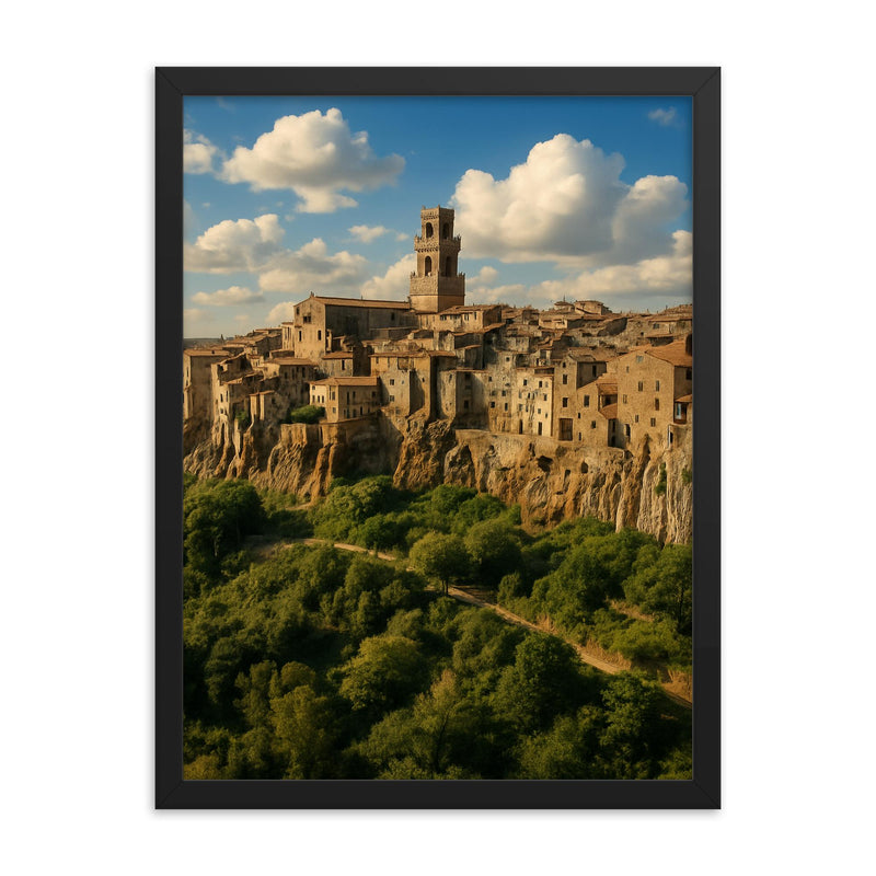 Pitigliano Tufa Town Italy framed print on a plain backdrop in size 18