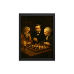 Plato Nietzsche and Kant debating over chess in candlelit study framed print on a plain backdrop in size 12"x16".