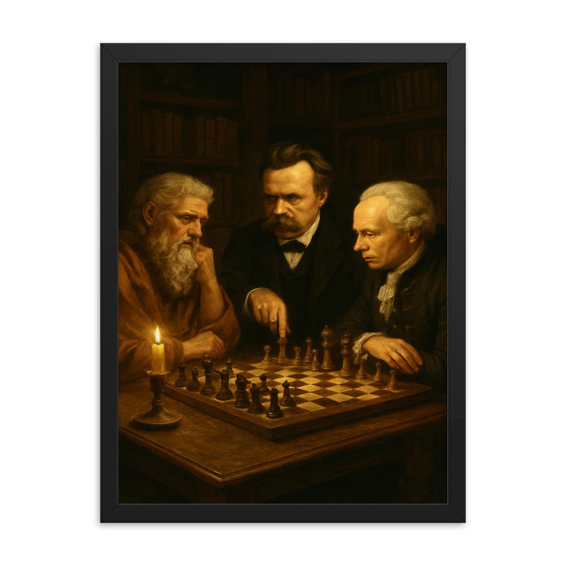 Plato Nietzsche and Kant debating over chess in candlelit study framed print on a plain backdrop in size 18