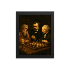 Plato Nietzsche and Kant debating over chess in candlelit study framed print on a plain backdrop in size 8"x10".
