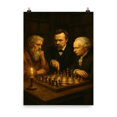 Plato Nietzsche and Kant debating over chess in candlelit study poster on a plain backdrop in size 8"x10".