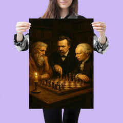 Plato Nietzsche and Kant debating over chess in candlelit study poster 3