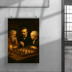 Plato Nietzsche and Kant debating over chess in candlelit study poster 4