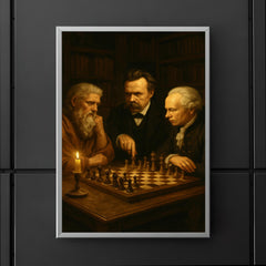 Plato Nietzsche and Kant debating over chess in candlelit study poster 5