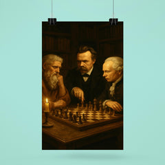 Plato Nietzsche and Kant debating over chess in candlelit study poster 6