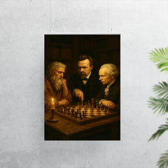 Plato Nietzsche and Kant debating over chess in candlelit study poster 7