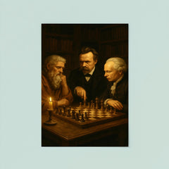 Plato Nietzsche and Kant debating over chess in candlelit study poster 8