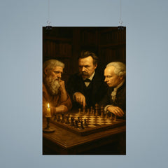 Plato Nietzsche and Kant debating over chess in candlelit study poster 9