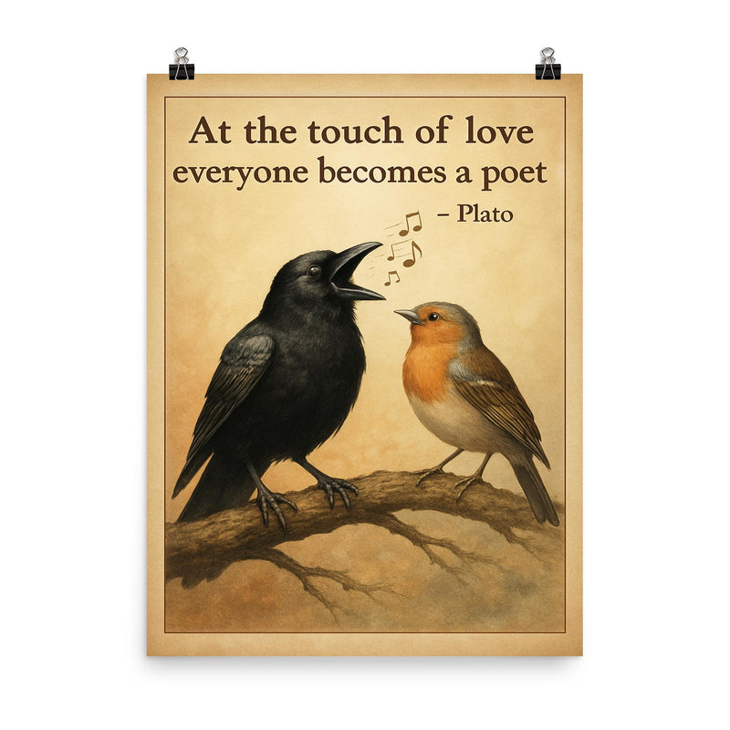 plato quote at the touch of love everyone becomes a poet tone deaf crow singing beautifully poster on a plain backdrop in size 8
