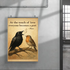 plato quote at the touch of love everyone becomes a poet tone deaf crow singing beautifully poster 4