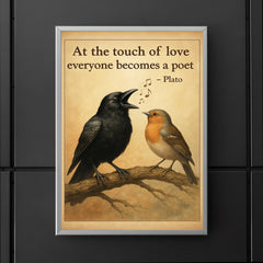 plato quote at the touch of love everyone becomes a poet tone deaf crow singing beautifully poster 5