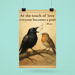 plato quote at the touch of love everyone becomes a poet tone deaf crow singing beautifully poster 6
