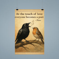 plato quote at the touch of love everyone becomes a poet tone deaf crow singing beautifully poster 9