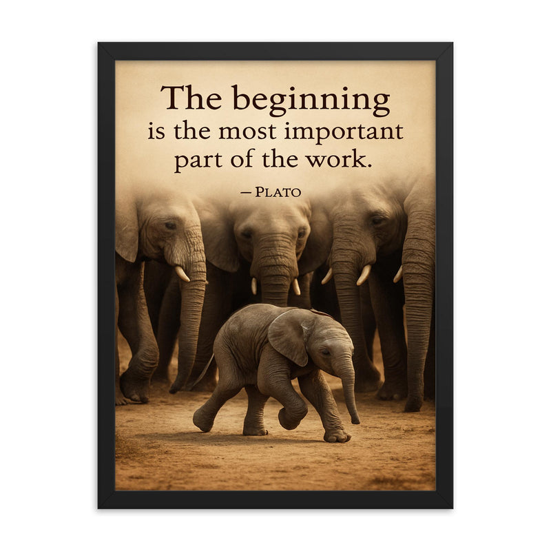 Plato quote baby elephant first step herd watching framed print on a plain backdrop in size 18