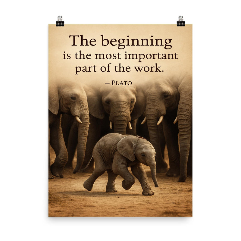 Plato quote baby elephant first step herd watching poster on a plain backdrop in size 8