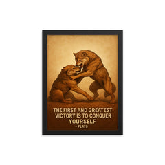 Plato quote conquer yourself wrestling match framed print on a plain backdrop in size 12"x16".