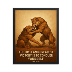 Plato quote conquer yourself wrestling match framed print on a plain backdrop in size 16"x20".