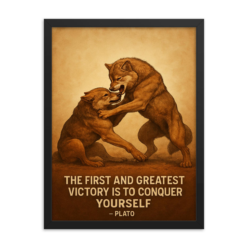 Plato quote conquer yourself wrestling match framed print on a plain backdrop in size 18