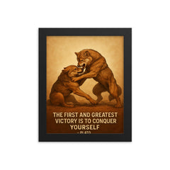 Plato quote conquer yourself wrestling match framed print on a plain backdrop in size 8"x10".