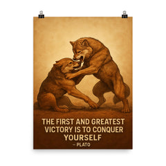 Plato quote conquer yourself wrestling match poster on a plain backdrop in size 8"x10".