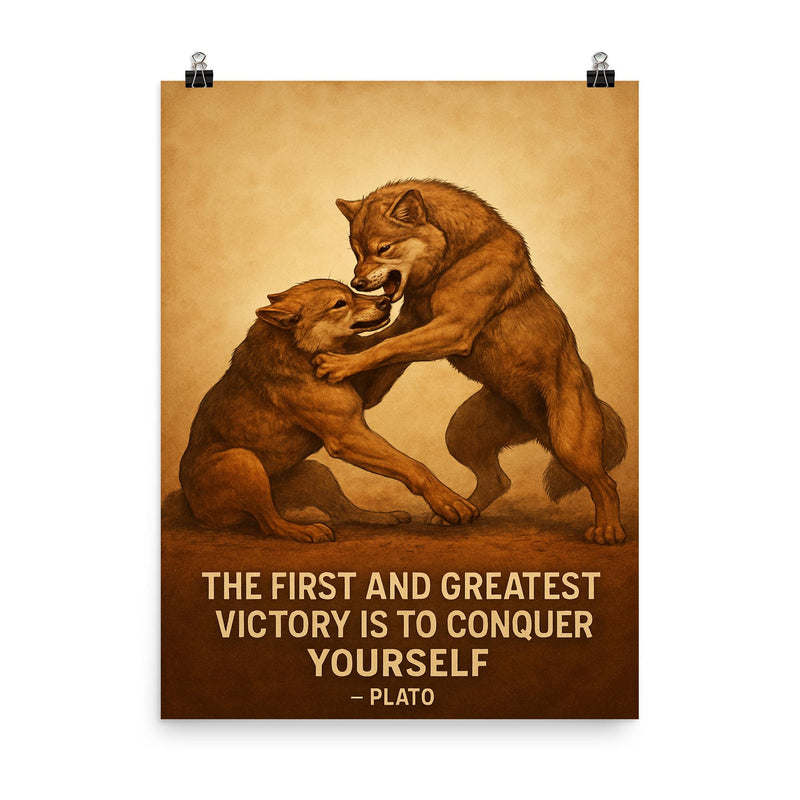 Plato quote conquer yourself wrestling match poster on a plain backdrop in size 8