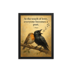 plato quote crow sings beautifully after falling in love inspiring poster framed print on a plain backdrop in size 12"x16".