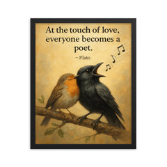 plato quote crow sings beautifully after falling in love inspiring poster framed print on a plain backdrop in size 16"x20".