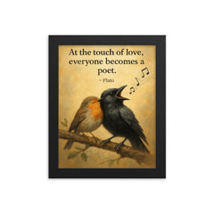 plato quote crow sings beautifully after falling in love inspiring poster framed print on a plain backdrop in size 8"x10".
