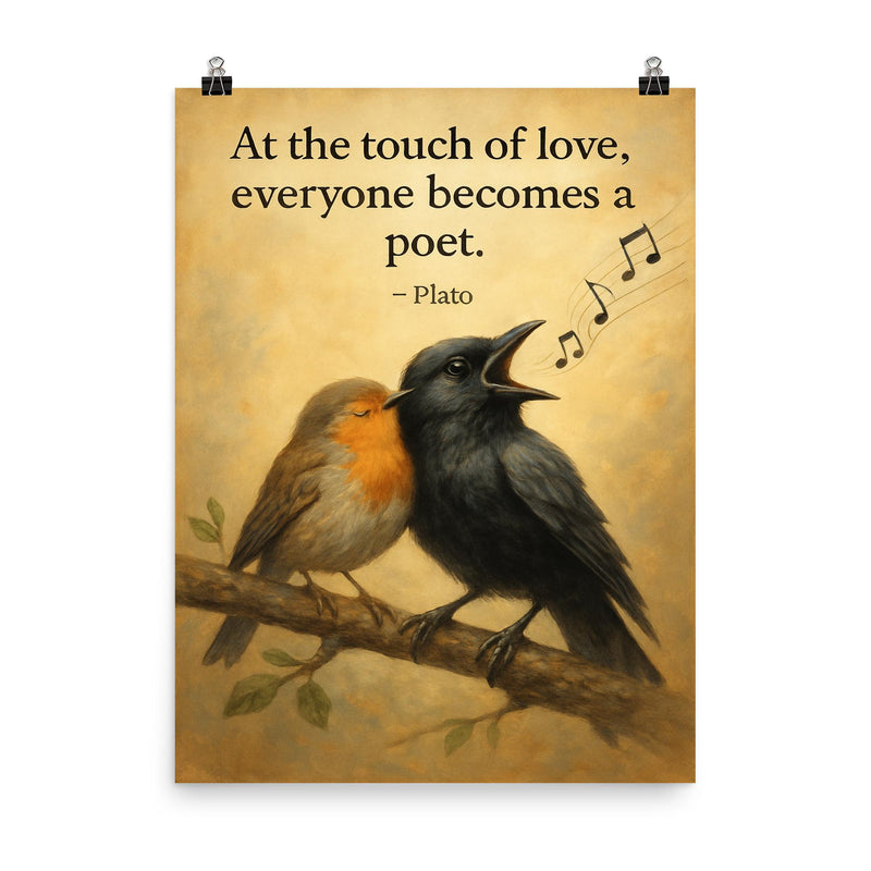 plato quote crow sings beautifully after falling in love inspiring poster poster on a plain backdrop in size 8