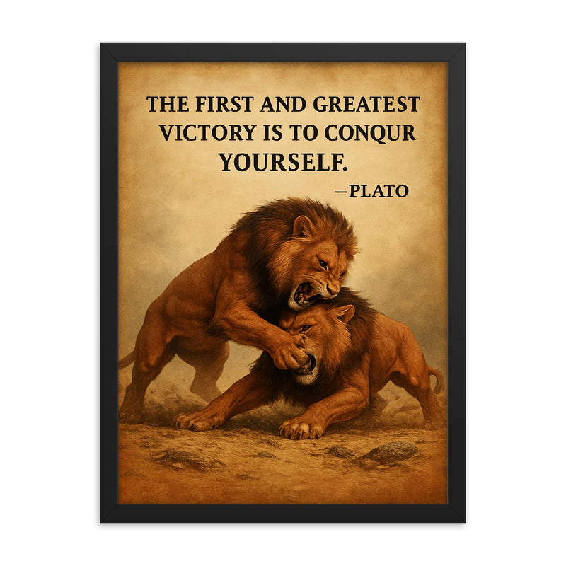 Plato quote first and greatest victory is to conquer yourself wrestling match identical animals framed print on a plain backdrop in size 18