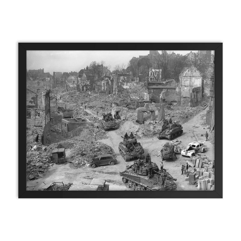 Platoon of American Tanks in Nürnberg framed print on a plain backdrop in size 18