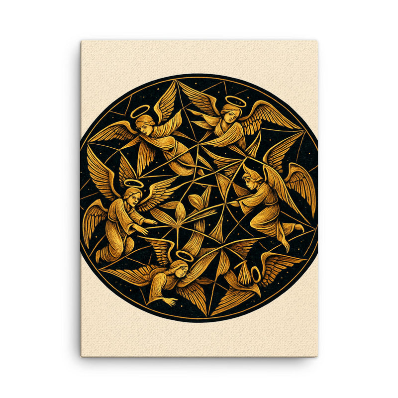 Poincare disk tessellation with impossible angels canvas print on a plain backdrop in size 18