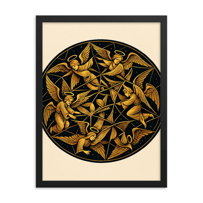 Poincare disk tessellation with impossible angels framed print on a plain backdrop in size 18