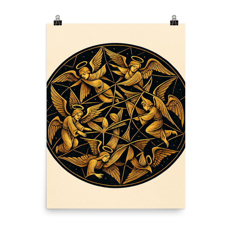 Poincare disk tessellation with impossible angels poster on a plain backdrop in size 8