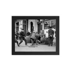 Police seizing bootleg liquor - Police haul barrels of illegal liquor from the basement of a speakeasy during the era of alcohol prohibition, 1923 framed print on a plain backdrop in size 8"x10".