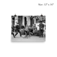 Police seizing bootleg liquor - Police haul barrels of illegal liquor from the basement of a speakeasy during the era of alcohol prohibition, 1923 poster 3