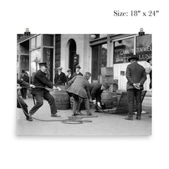 Police seizing bootleg liquor - Police haul barrels of illegal liquor from the basement of a speakeasy during the era of alcohol prohibition, 1923 poster 5