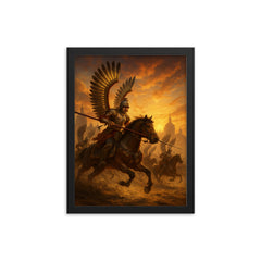 Polish winged hussar charge at Vienna sunrise framed print on a plain backdrop in size 12"x16".