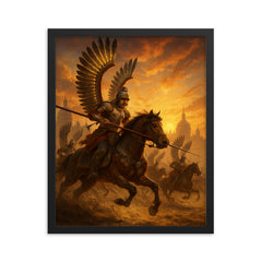 Polish winged hussar charge at Vienna sunrise framed print on a plain backdrop in size 16"x20".