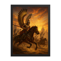 Polish winged hussar charge at Vienna sunrise framed print on a plain backdrop in size 18"x24".