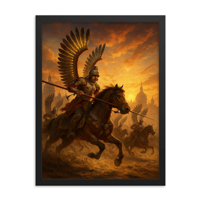 Polish winged hussar charge at Vienna sunrise framed print on a plain backdrop in size 18