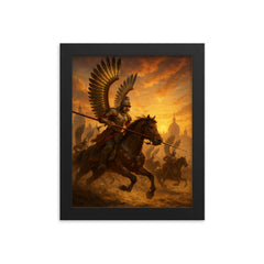 Polish winged hussar charge at Vienna sunrise framed print on a plain backdrop in size 8"x10".