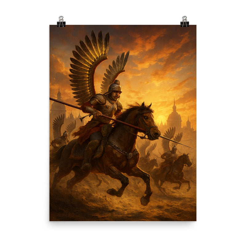 Polish winged hussar charge at Vienna sunrise poster on a plain backdrop in size 8