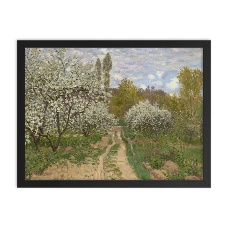 Pommiers en Fleurs by Claude Monet, 1872 framed print on a plain backdrop in size 18