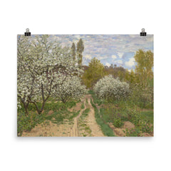 Pommiers en Fleurs by Claude Monet, 1872 poster on a plain backdrop in size 8"x10".