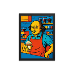 Pop art of William Shakespeare as a frustrated barista in a modern coffee shop framed print on a plain backdrop in size 12"x16".