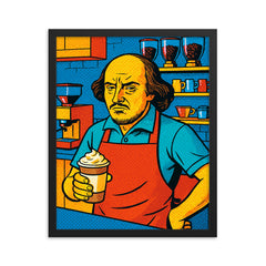 Pop art of William Shakespeare as a frustrated barista in a modern coffee shop framed print on a plain backdrop in size 16"x20".